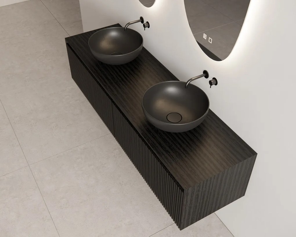 Gliss Design Timotheus badmeubel met 2 lades en ribbelfront 120cm black veneer met zwarte waskom