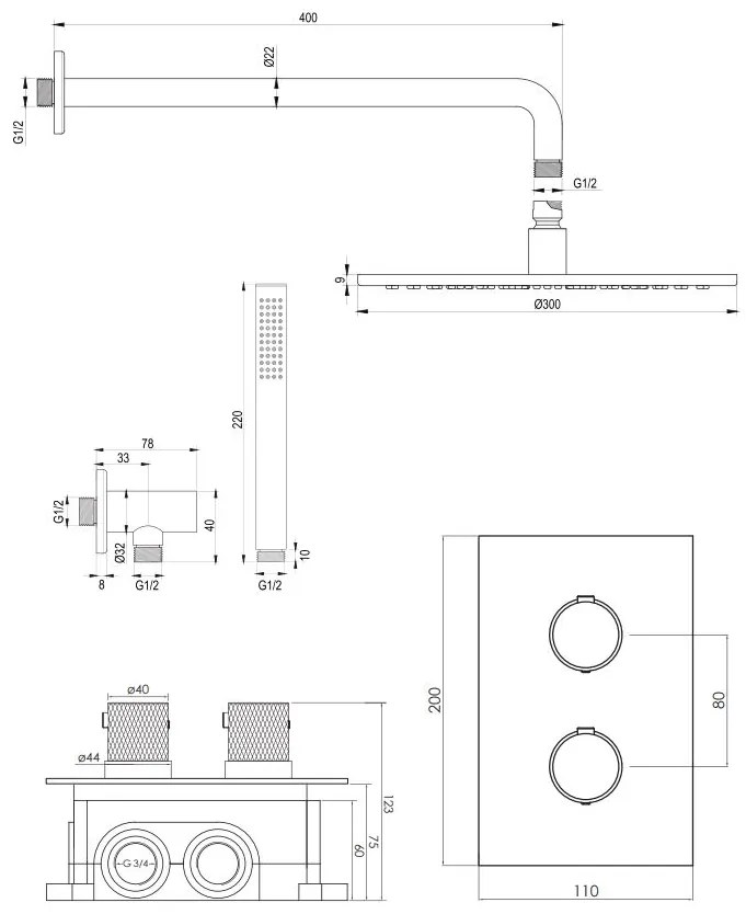 Brauer Black Carving complete inbouw regendouche set 28 met 30cm douchekop, gebogen muurarm en staafhanddouche mat zwart