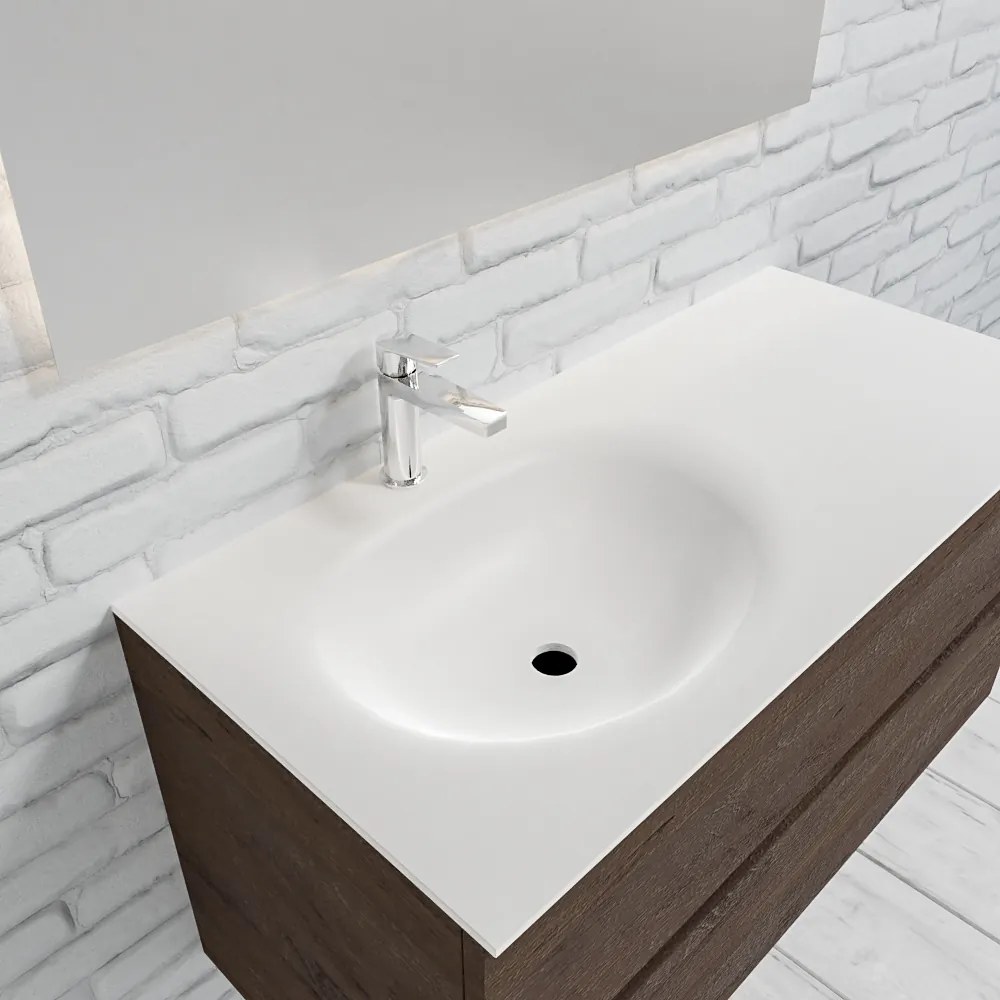 Zaro Sevilla Solid Surface badmeubel 100cm donker eiken 1 kraangat spoelbak links met 2 lades