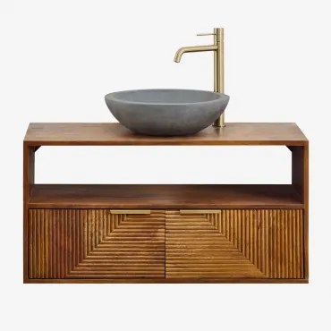 Baty Mangohouten Badkamermeubelset Mangohout & Rond Grijs Cement Ø40 Cm Tarsis & Spiegelloze & Goud ↑30 Cm Met Aftapkraan Zonder Overloop Orveta -