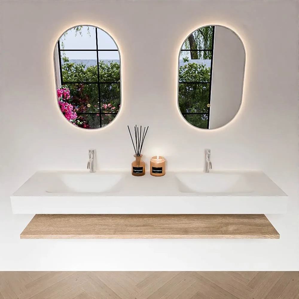 Zaro Alan badmeubel 170cm met planchet washed oak en vrijhangende wastafel cloud dubbel 2 kraangaten talc