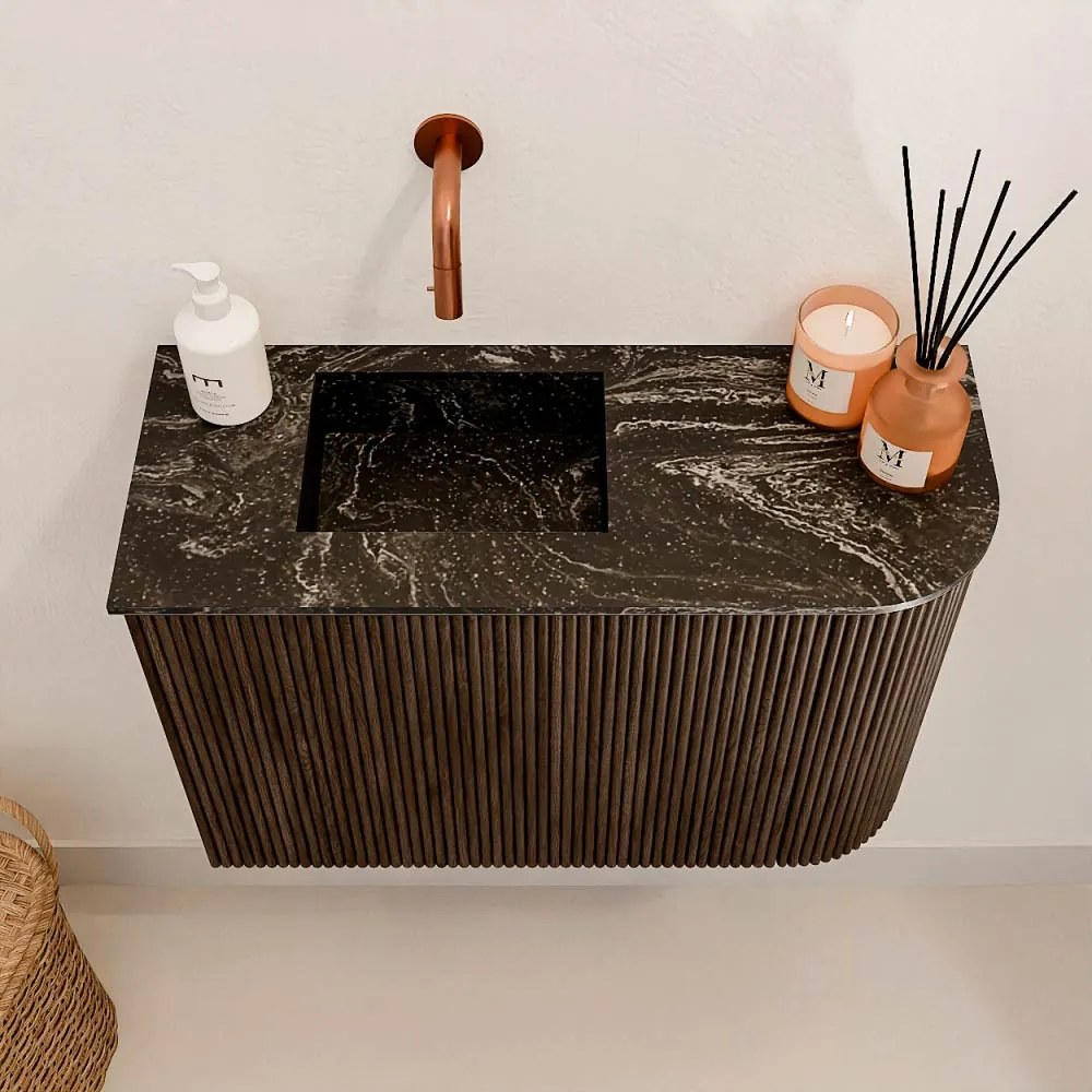 Mondiaz Joya DLux 60cm toiletmeubel ronding rechts walnut met wastafel faye links zonder kraangat lava