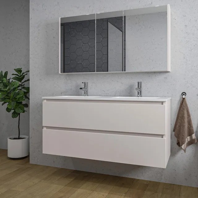 Adema Chaci Badkamermeubelset - 120x46x57cm - 2 keramische wasbakken wit - 2 kraangaten - 2 lades - Spiegelkast - cotton SW1122824/SW804533/SW812069/SW812072