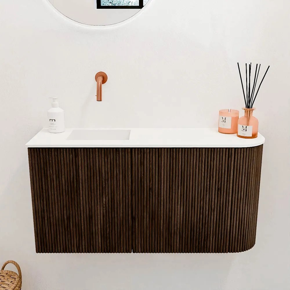Mondiaz Joya 80cm toiletmeubel ronding rechts walnut met wastafel faye links zonder kraangat talc
