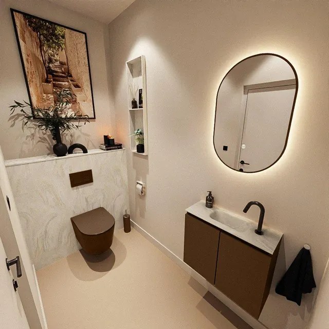 MONDIAZ TURE-DLUX 60cm toiletmeubel Rust. EDEN wastafel Ostra positie midden. Met 1 kraangat. TUREDX60RUSM1OST