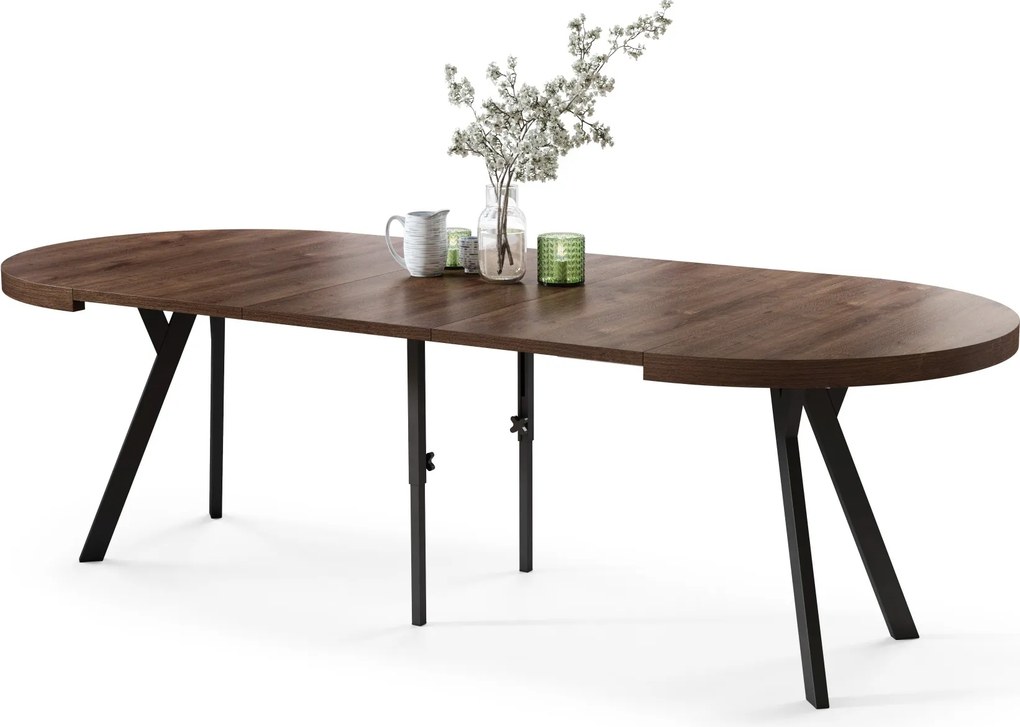 EXPANSO Bruine eik/zwarte poten - GROTE RONDE TAFEL Ø110 UITBREIDBAAR TOT 310 cm met Y-POTEN LOFT/INDUSTRIAL
