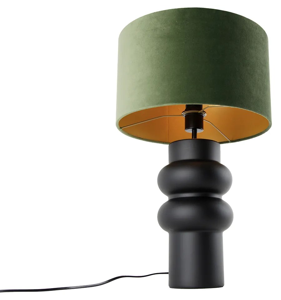 Design tafellamp zwart 17 cm velours kap groen met goud 35 cm - Alisia Design E27 rond Binnenverlichting Lamp