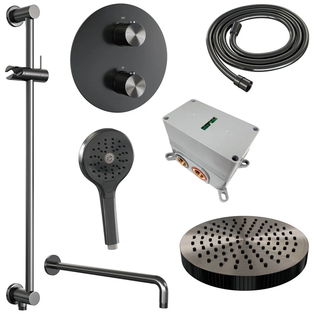 Brauer Stripe inbouw regendouche rond met 25cm hoofddouche, rond met gebogen muurarm, glijstang en 3 standen handdouche set 47 gunmetal geborsteld PVD