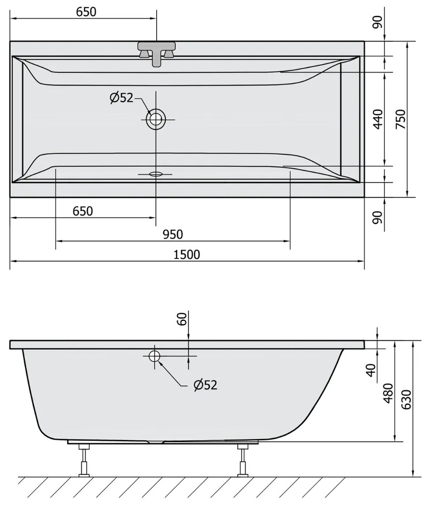 Polysan Cleo ligbad 150x75x48cm zwart mat