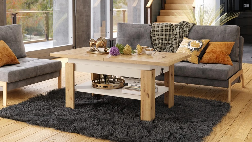 RIO eiken artisan / beige - KOFFIETAFEL, UITSCHUIFBAAR MET HEFFUNCTIE VOOR HET BLAD