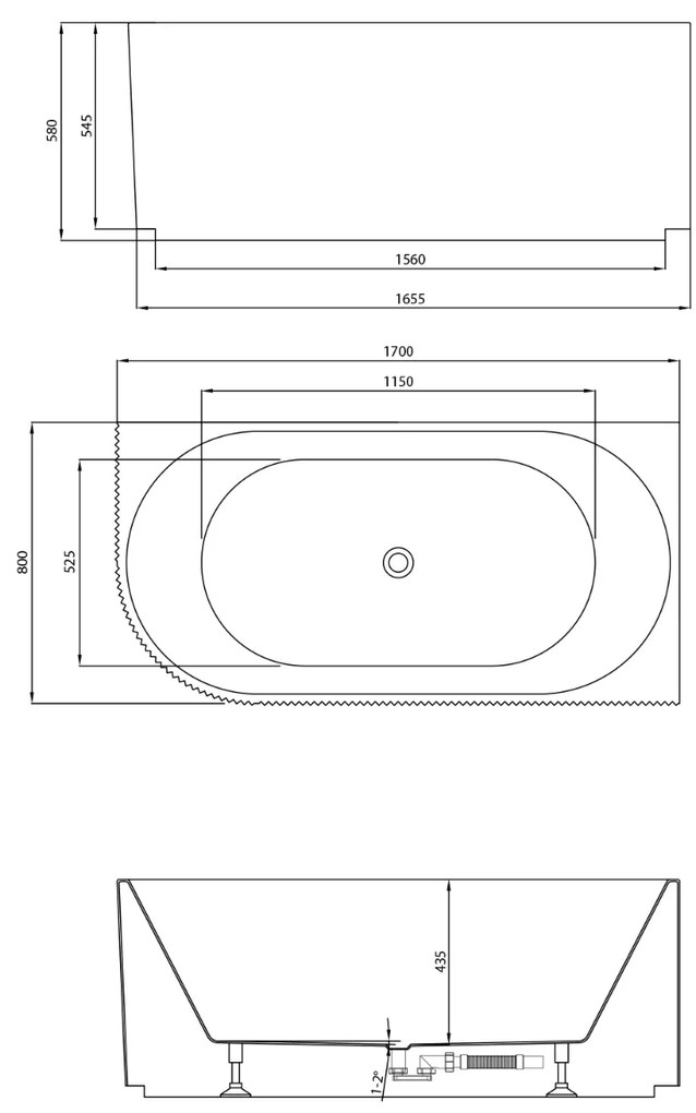 Aqualine Tibera hoekbad rechts met ribbel 170x80cm wit