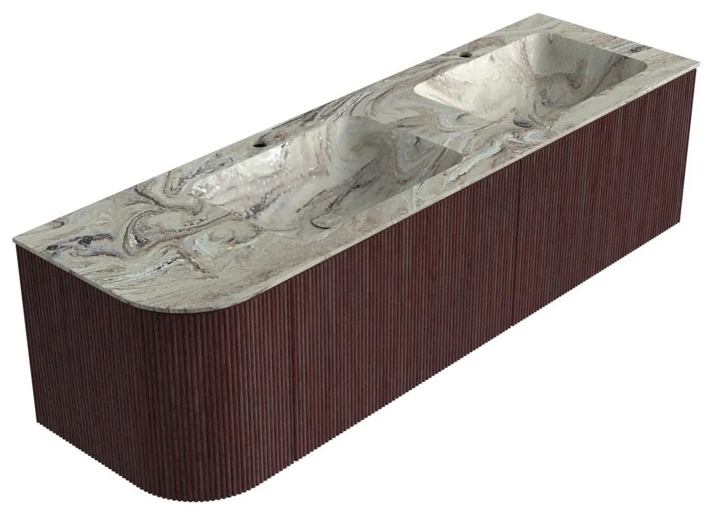 Mondiaz Kurve-dlux 155cm badmeubel ronding links ruby met 2 lades en 1 deur en wastafel leaf dubbel/rechts 2 kraangaten glace