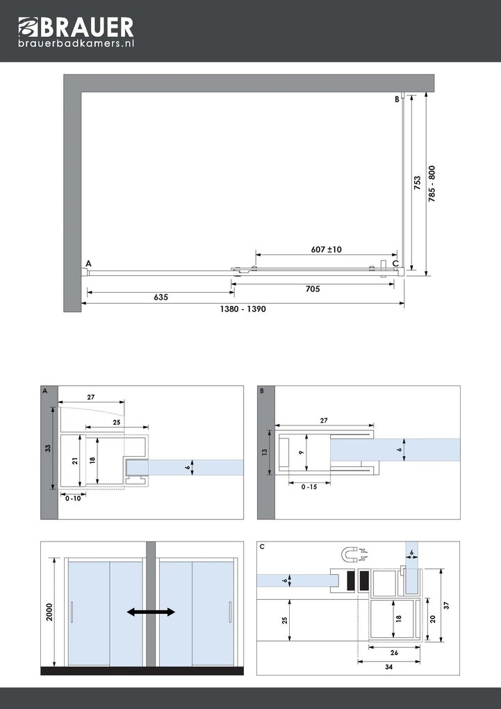 Brauer Season douchecabine met schuifdeur 140x80cm gunmetal