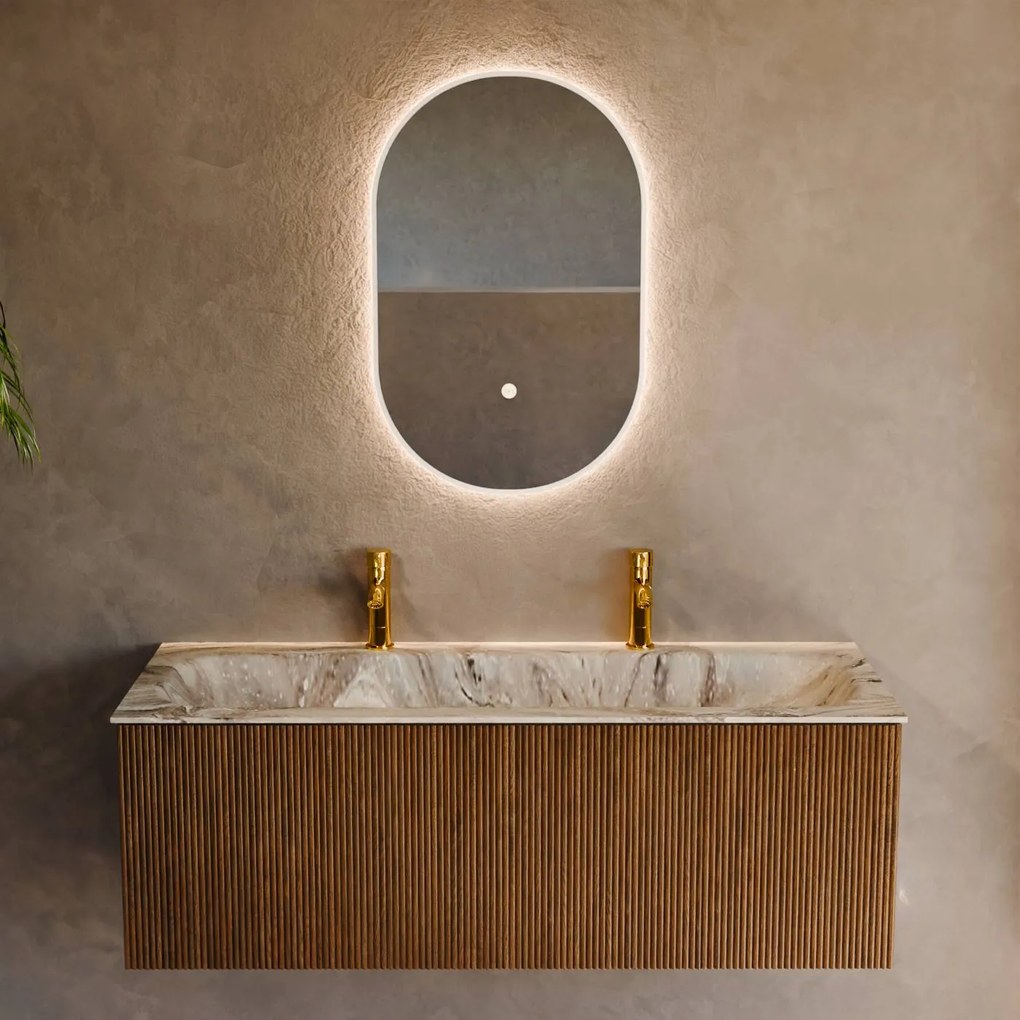 Mondiaz Kurve-dlux 120cm badmeubel dusk met 1 lade en wastafel big large midden 2 kraangaten glace