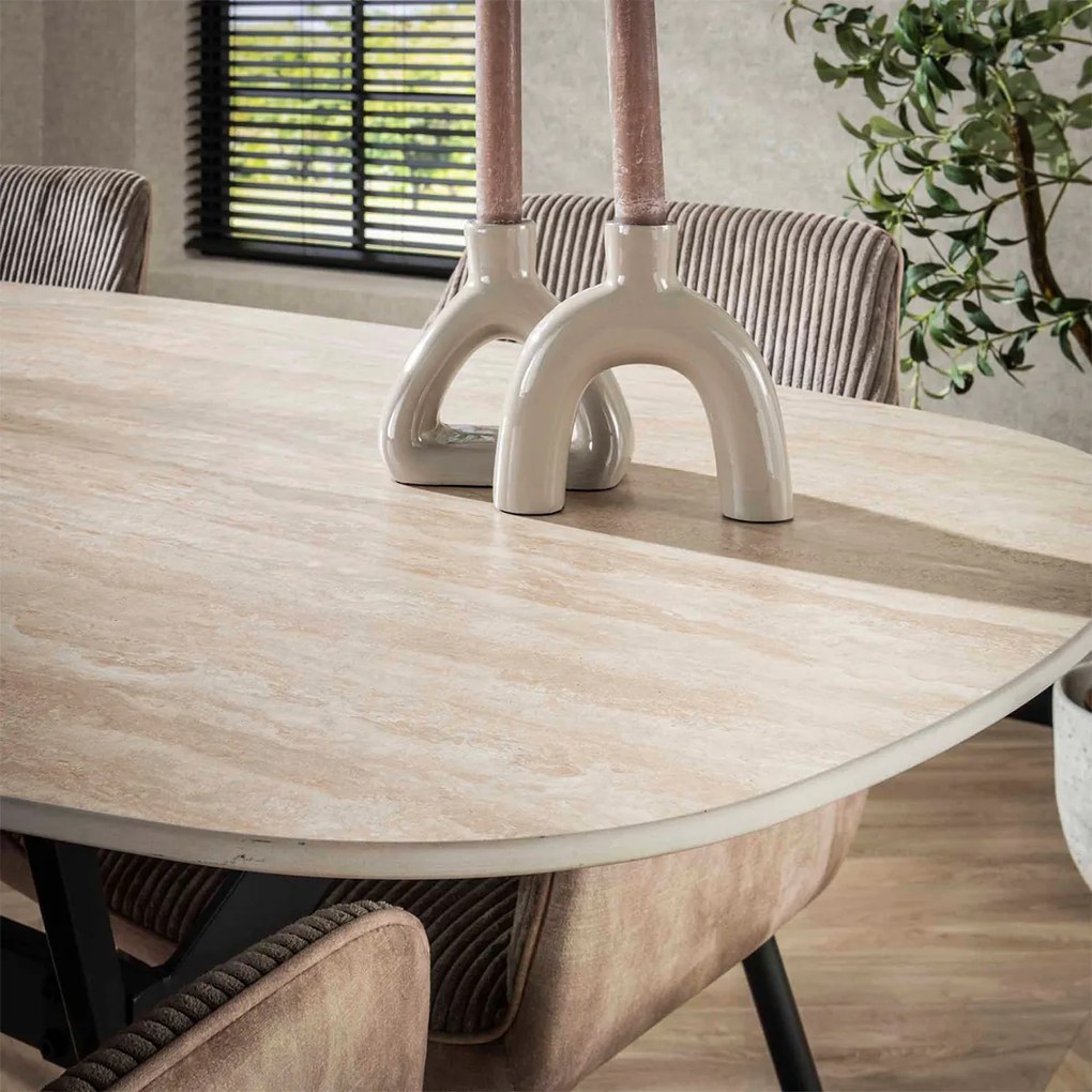 Ovale Eettafel Beige Keramiek Travertin - 180 X 90cm.