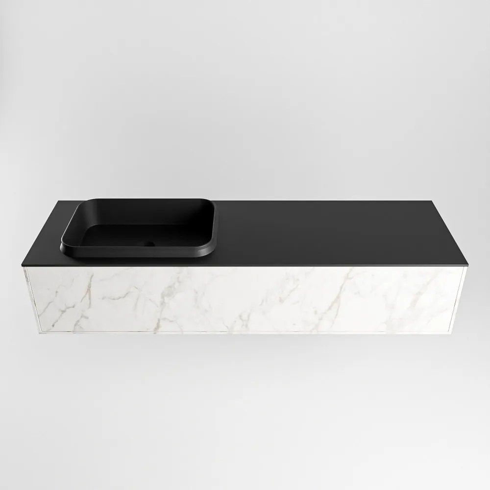 Mondiaz Erin 150cm badmeubel Carrara met 1 lade en zwarte wastafel links zonder kraangaten