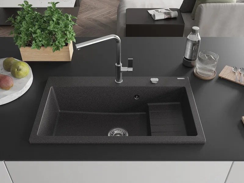 Mexen Omar granieten gootsteen, 1-komors, 800 x 480 mm, zwart gespikkeld, sifon chroom - 6520801005-76