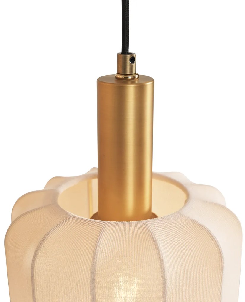 Stoffen Eettafel / Eetkamer Japandi hanglamp zwart en goud met beige kap 3-lichts - PluniJapandi E27 Scandinavisch rond Binnenverlichting Lamp