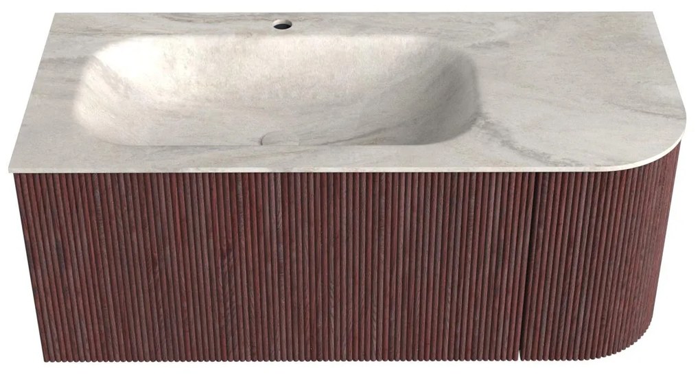 Mondiaz Kurve-dlux 105cm badmeubel ronding rechts ruby met 1 lade en deur en wastafel big small kraangat links ostra
