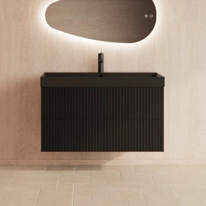 Gliss Design Hybris badmeubel met ribbelfront 100cm black veneer met zwarte wastafel zonder kraangat Lako