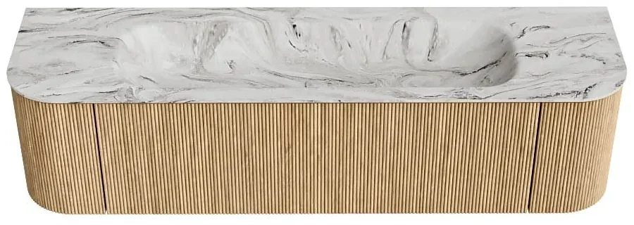 Mondiaz Kurve-dlux 170cm badmeubel ronding links/rechts oak met 1 lade en 2 deuren en wastafel big large midden 2 kraangaten glace