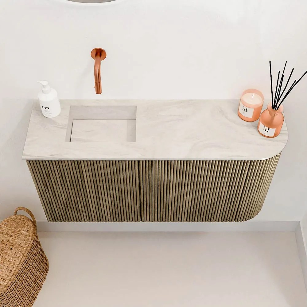 Mondiaz Joya DLux 80cm toiletmeubel ronding rechts dusk met wastafel faye links zonder kraangat ostra