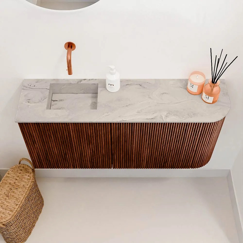 Mondiaz Joya DLux 90cm toiletmeubel ronding rechts ruby met wastafel faye links zonder kraangat glace