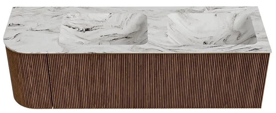 Mondiaz Kurve-dlux 145cm badmeubel ronding links walnut met 1 lade en deur en wastafel leaf dubbel/rechts 2 kraangaten glace