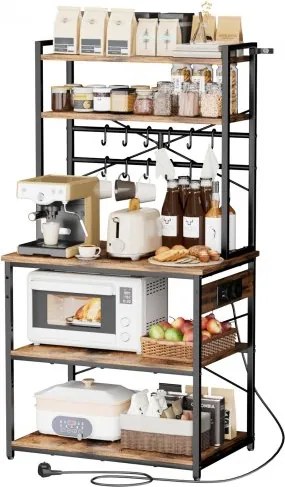 VEVOR Keukenrek voor bakkers (800 x 400 x 1618 mm) met X-vormige steunbalk, 12 S-vormige haken, geïntegreerd stopcontact, magnetronbestendig schap voor servies, kruidenpotjes en een metalen schap.