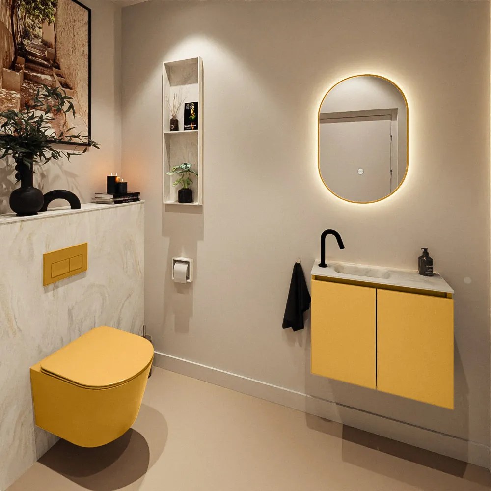 Mondiaz Ture DLux toiletmeubel 60cm ocher met wastafel ostra links met kraangat