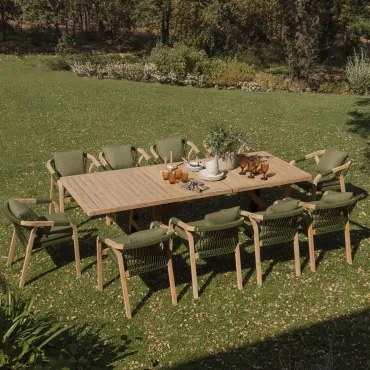 Rechthoekige Uitschuifbare Tafelset 200-260-320x100 Cm En 10 Tuinstoelen Met Armleuningen In Dubai Acacia Hout Leger Groen – Koel - Sklum