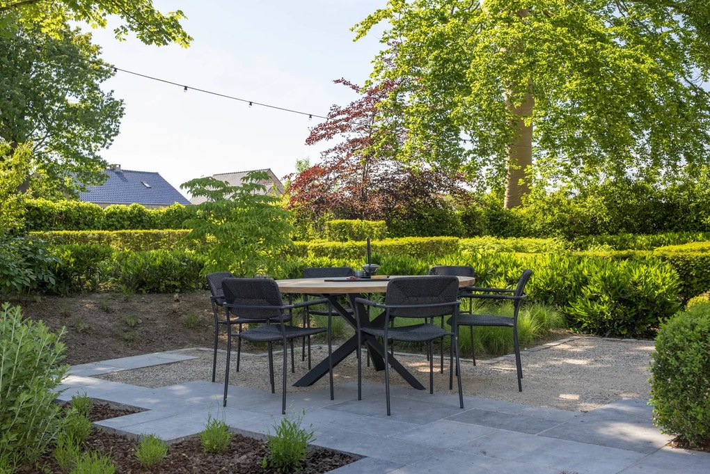 4 Seasons Outdoor Bernini eetset platinum met RVS Prado tafel teak blad Ø 160 cm  Tuinset    houtkleur weerbestendig