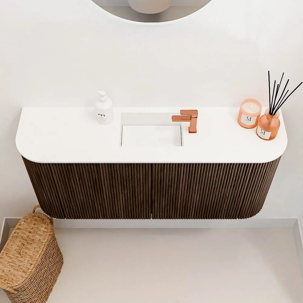 Mondiaz Joya 95cm toiletmeubel ronding links/rechts walnut met wastafel faye midden 1 kraangat talc