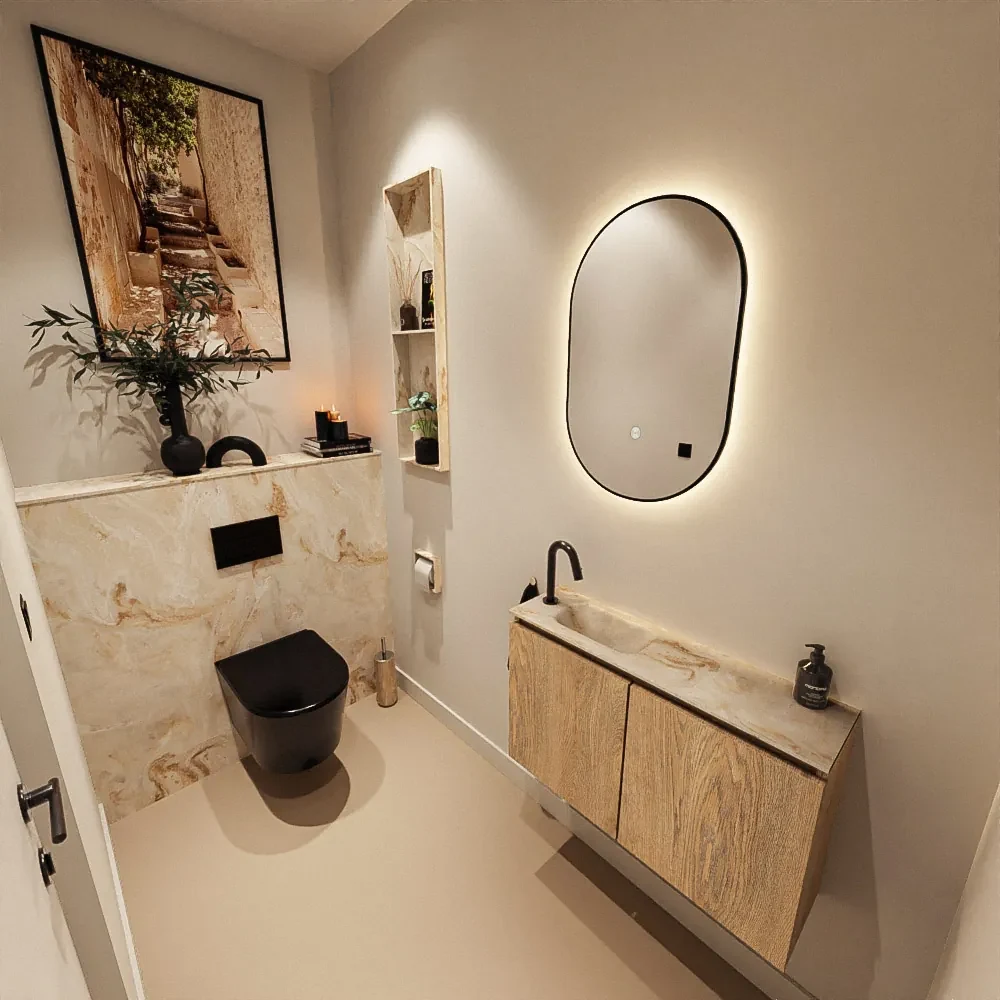 Mondiaz Ture DLux toiletmeubel 80cm washed oak met wastafel frappe links met kraangat