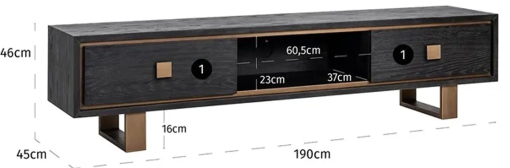 Richmond Interiors Hunter Zwart Tv-meubel Met Goud - 190x45x46cm.
