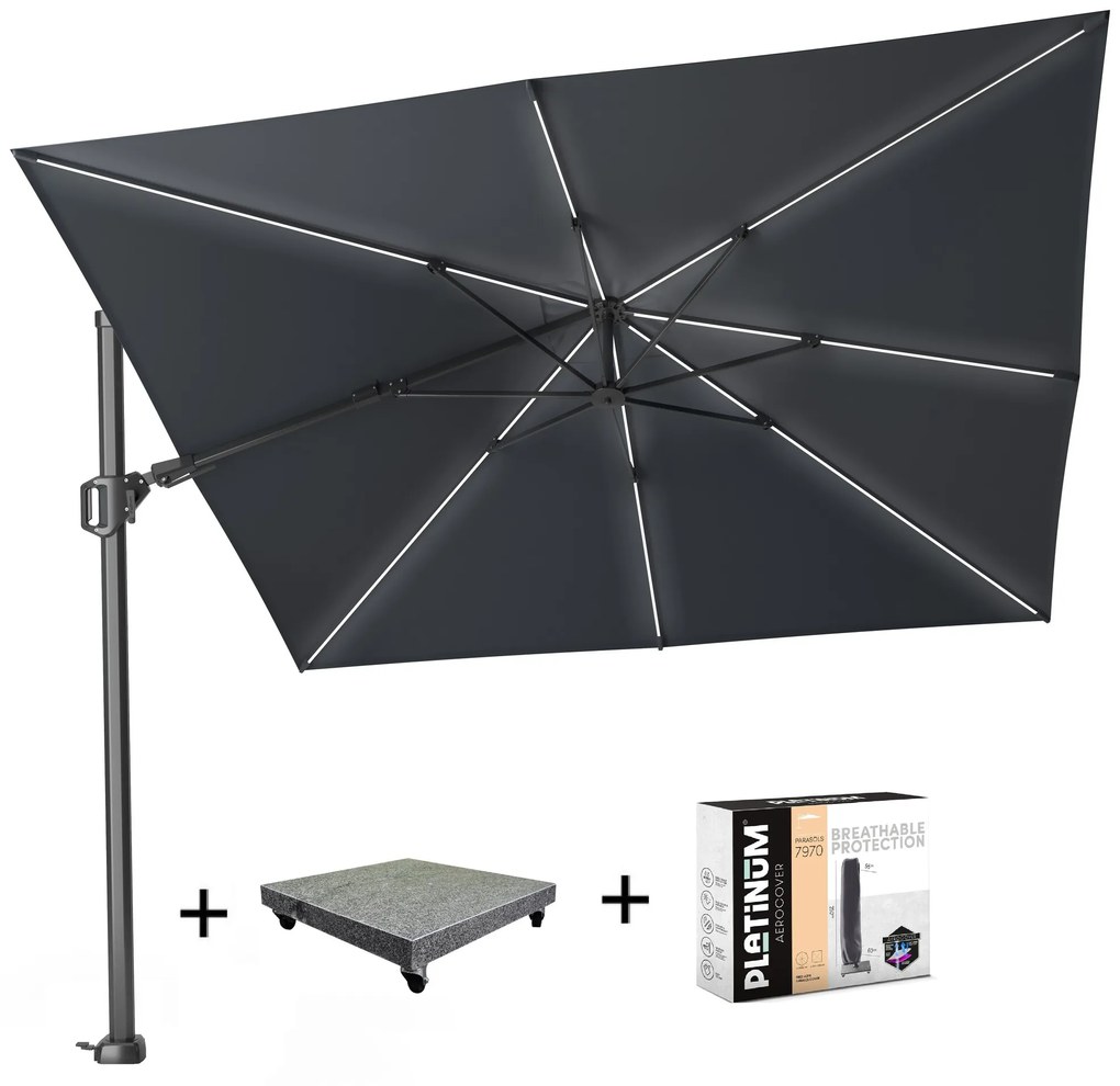 Challenger T2 glow zweefparasol 300x300 cm antraciet met 120KG voet en hoes