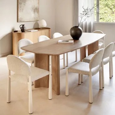 Rechthoekige Eettafelset 200x100 Cm Van Mangohout Sidney En 8 Eetkamerstoelen In Bouclé Nagore Natuurlijk Hout - Sklum
