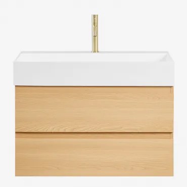 Ona Zwevend Badkamermeubelset Van Hout En Essenfineer Met Geïntegreerde Wastafel Natuurlijk Hout & Spiegelloze & Goud ↑20 Cm - Sklum