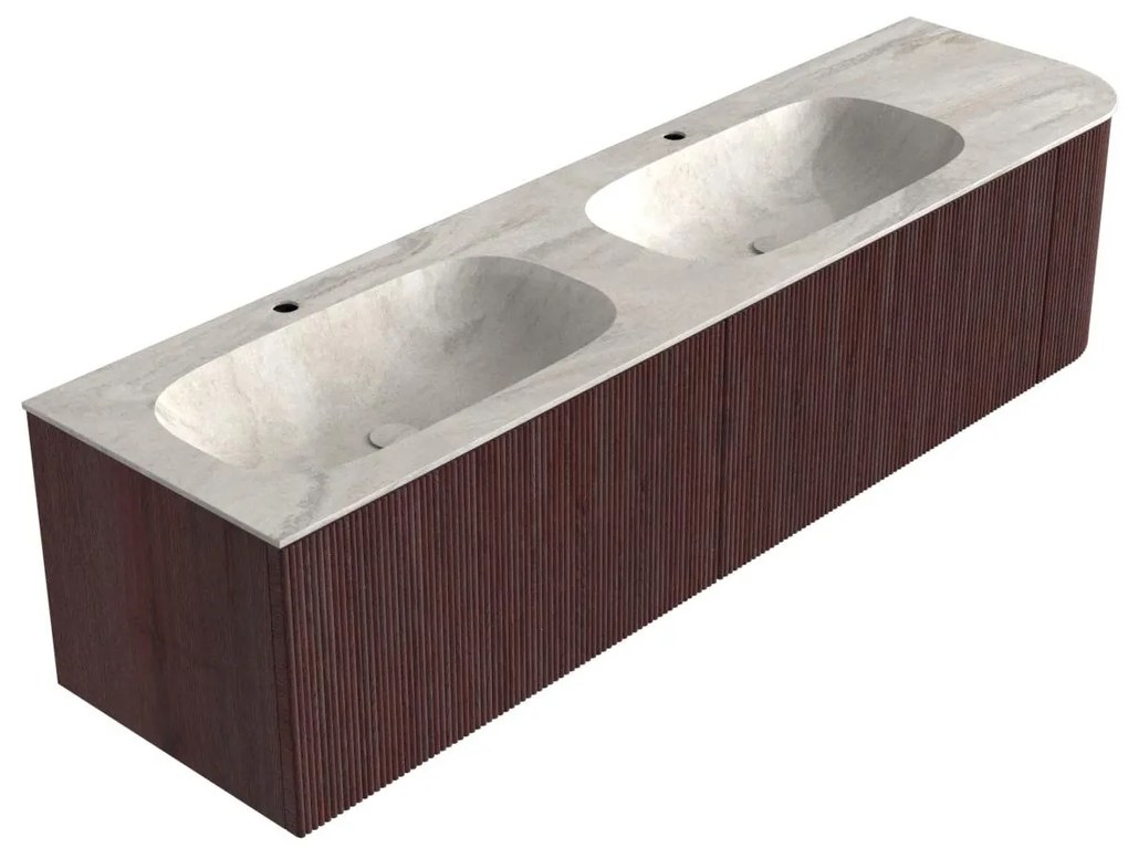 Mondiaz Kurve-dlux 175cm badmeubel ronding rechts ruby met 2 lades en 1 deur en wastafel stor small dubbel/links 2 kraangaten ostra