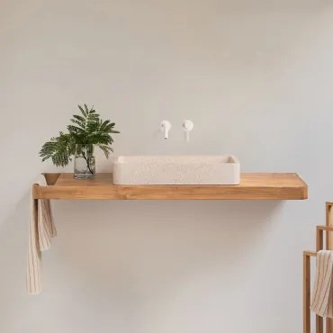 Conjunto Van Meubel 130x45 Cm Hangend In Teakhout Neill Teakhout & Rechthoekig Wit Cement 60x30 Cm Ronald & Spiegelloze & Wit Ingebed Met Aftapkraan -