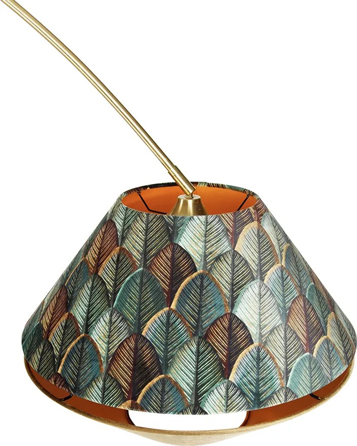 Booglamp messing met dubbele velours kap blad dessin en beige - XXL