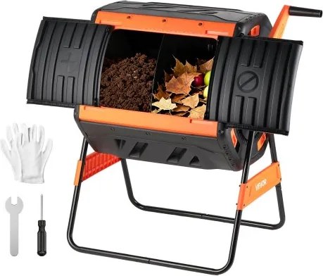 VEVOR Composttrommel 200 L, Draaiende Composteerbak voor Buiten met 2 Schuifdeuren, Ventilatiesysteem en Dubbele Compostkamers, Compostbak Gemaakt van PP & Koolstofstaal voor Tuin-, Keuken- en Erfafval