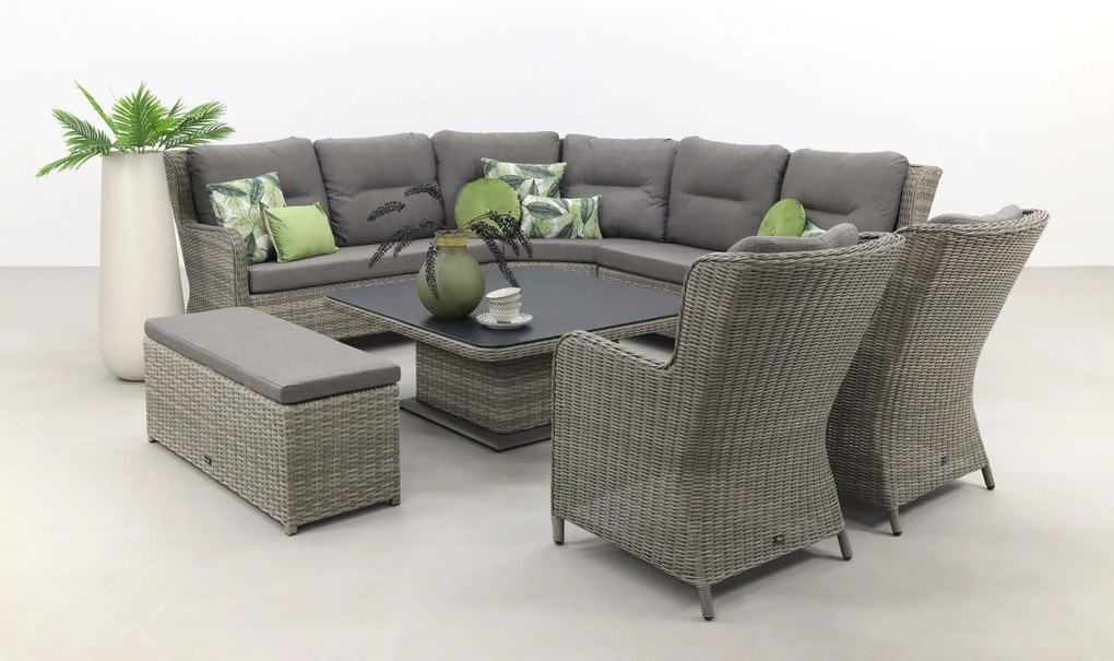 Sandigo lounge dining set met bijzetbank + 2x dining tuinstoel