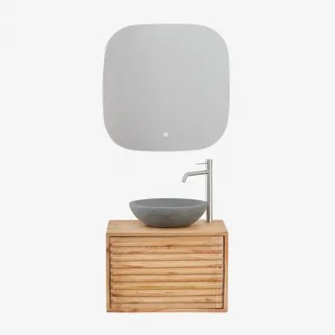 Deleyna Wandgemonteerde Houten Badkamermeubelset Natuurlijk Hout & Rond Grijs Cement Ø40 Cm Tarsis & Vierkant Led En Anticondens 75x75 Cm Tobie -