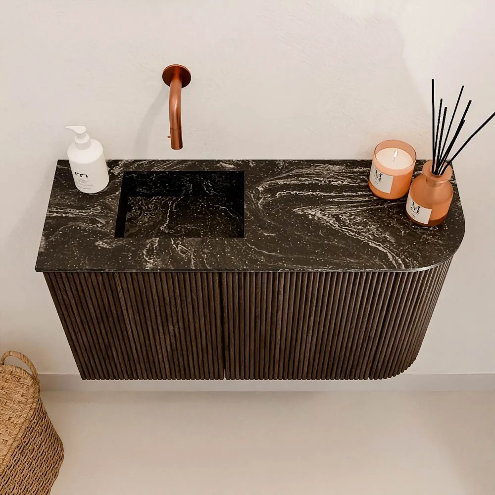 Mondiaz Joya DLux 70cm toiletmeubel ronding rechts walnut met wastafel faye links zonder kraangat lava
