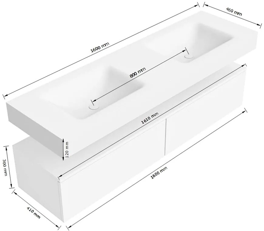 Zaro Alan badmeubel 160cm urban 2 lades met vrijhangende wastafel cloud dubbel 2 kraangaten talc