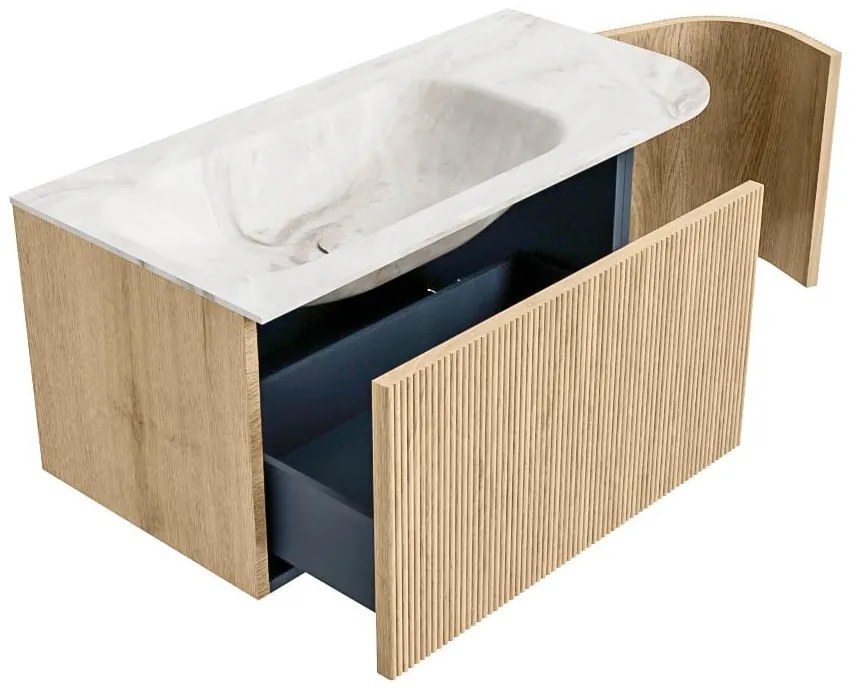 Mondiaz Kurve-dlux 95cm badmeubel ronding rechts oak met 1 lade en deur en wastafel big small links zonder kraangat frappe