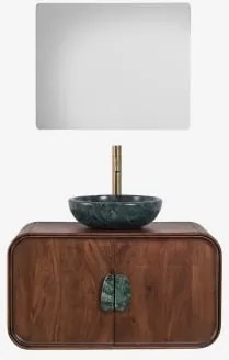 Hangend Badkamermeubelset 95x45 Cm Van Mangohout En Natuurlijke Kivalina-steen Rechthoekige Led En Anticondens 80x70 Cm Riben & Geborsteld Goud ↑30 Cm