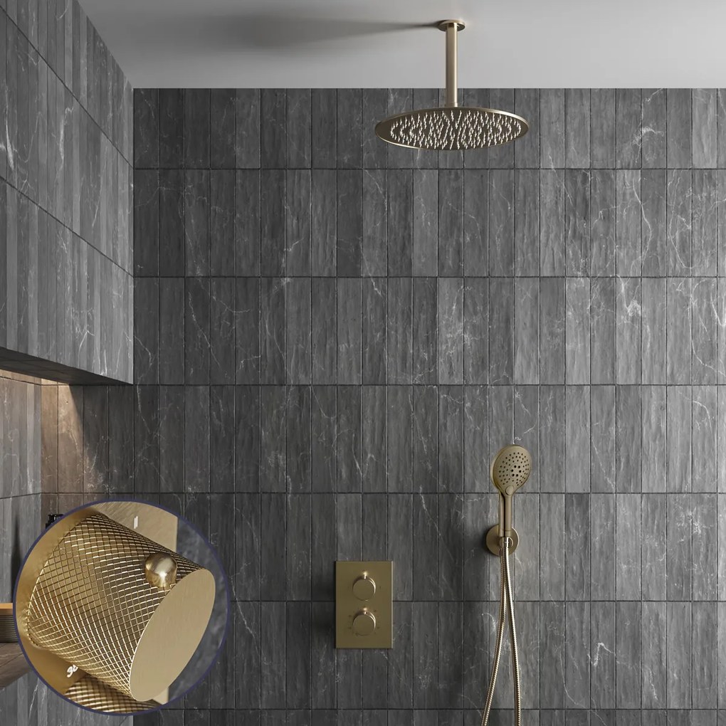 Saniclear Brass Curved inbouw regendouche met 20cm hoofddouche, plafondarm en 2 standen handdouche geborsteld messing - mat goud