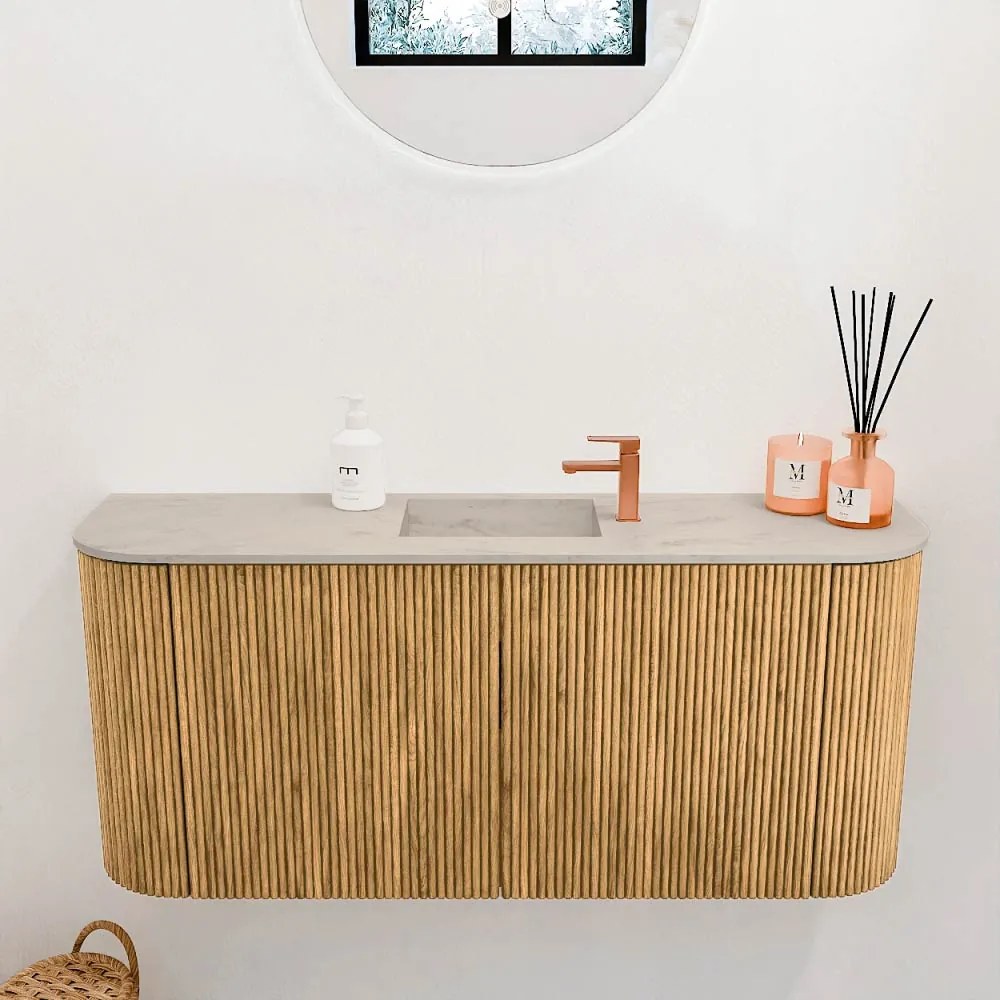 Mondiaz Joya DLux 95cm toiletmeubel ronding links/rechts oak met wastafel faye midden 1 kraangat opalo